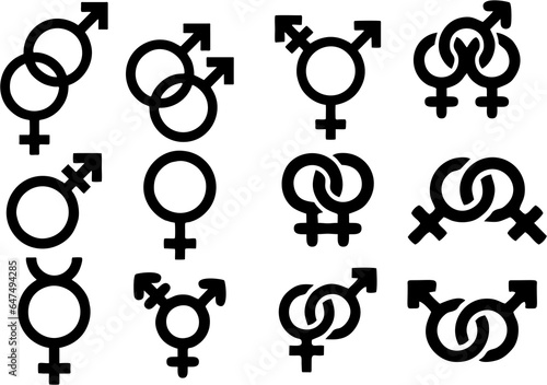 Gender symbols set. Sexual orientation icons. Male, female, transgender, gay, lesbian, bisexual, bigender, travesti, genderqueer and androgyne. High resolution for reuse in postesr and banners.