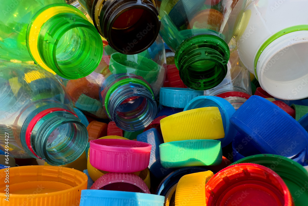 Plastic Recycling. Water bottles and plastic Bottle Caps for Recycling