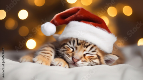 Cute white tiger baby in santa hat sleeping on white sheet, Christmas blurred background