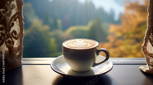 Coffee with latte art on the background of a window with a beautiful autumn view