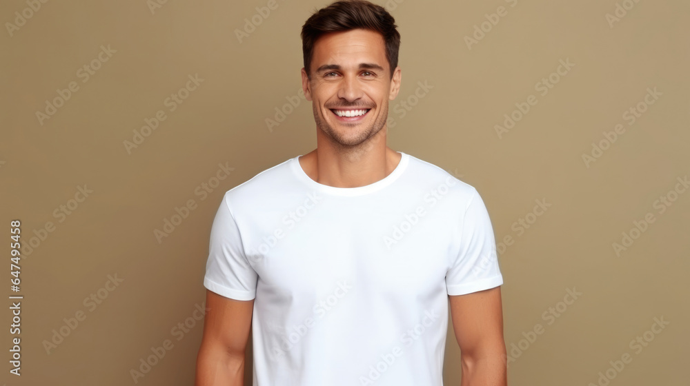 Smile Young Man fit in Frame wearing bella canvas white shirt mockup, isolated color background Smile Young Man fit in Frame wearing bella canvas white shirt mockup, isolated color background