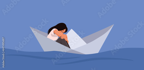 Sad Woman Sitting Alone in a Paper Boat. Depression Concept Illustration

Unhappy girl floating alone at sea feeling hopeless and depressive 
