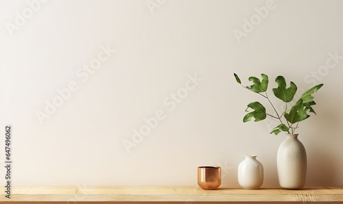 Cream color wall mock up with Vase and green plant on wooden shelf, Generative AI  photo