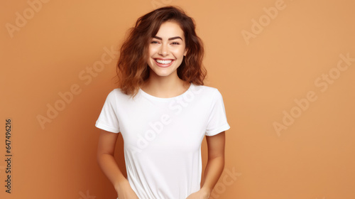 Smile Young Woman fit in Frame wearing bella canvas white shirt mockup,  isolated color background © basketman23
