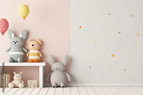 Mockup wall in the children's room on wall white colors background, Generative AI 