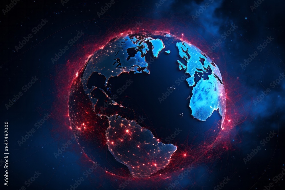 Earth with Red and Blue Outline on Blue Background - Global Unity Concept