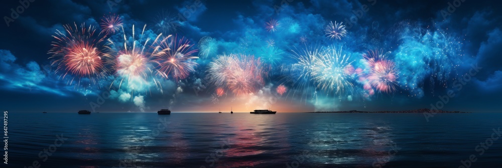 Fototapeta premium Spectacular Fireworks Display Illuminating the Night Sky over the Ocean