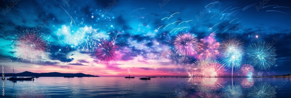 Sky Blue Fireworks Display Over Water with Sparkling Reflections, Festive Celebration, Copy Space