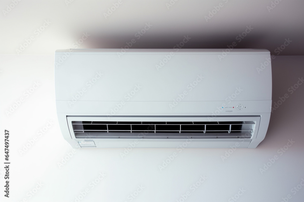 A white air conditioner mounted on a white wall, room interior, Generative AI A white air conditioner mounted on a white wall, room interior, Generative AI