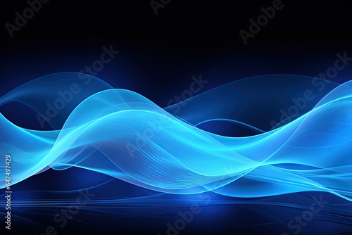 Dark abstract neon background, bright blue waves