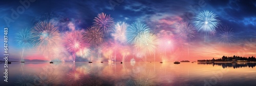 Sky Blue Fireworks Display Over Water with Sparkling Reflections  Festive Celebration  Copy Space