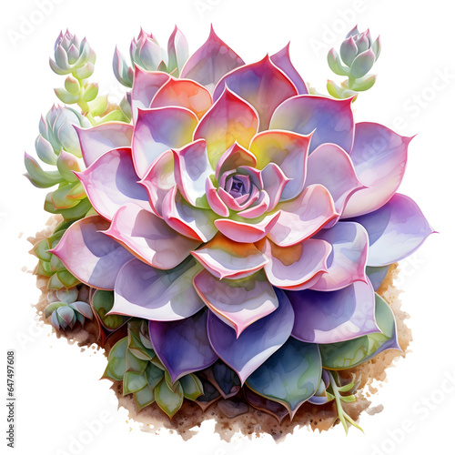 Succulent flower watercolor isolated on white background. Summer green botanical floral decoration elements for wedding anniversary  birthday  invitations ahd postcards. Bright colours