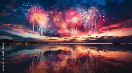 Spectacular Fireworks Display Reflecting in the Evening Sea