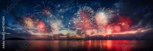Fireworks Spectacular: Colorful Explosions Lighting Up the Night Sky over the Reflective Water