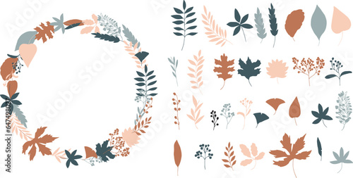 秋の植物ベクターイラスト。秋の紅葉と木の実のリース背景セット。可愛い落ち葉のベクターイラスト。Autumn plants vector illustration. Autumn leaves and nuts wreath background set. Cute falling leaves vector illustration.