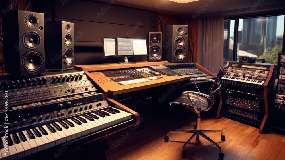 Recording control room complete with mixing desk. amplifier, piano ...