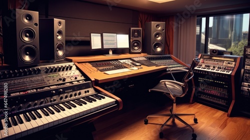 Recording control room complete with mixing desk. amplifier, piano, guitar, microphone