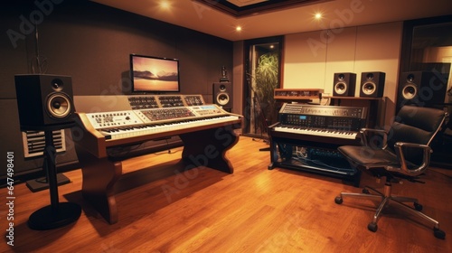 Recording control room complete with mixing desk. amplifier, piano, guitar, microphone photo