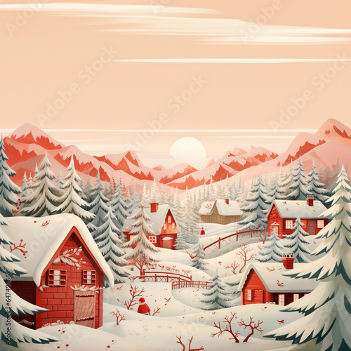 A beautiful 3D fantasy city with snow-covered houses, trees, and streets, boasting a pastel-shaded mood and tone during the winter season. Generative AI.