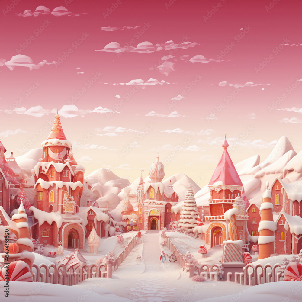 A beautiful 3D fantasy city with snow-covered houses, trees, and streets, boasting a pastel-shaded mood and tone during the winter season. Generative AI. A beautiful 3D fantasy city with snow-covered houses, trees, and streets, boasting a pastel-shaded mood and tone during the winter season. Generative AI.