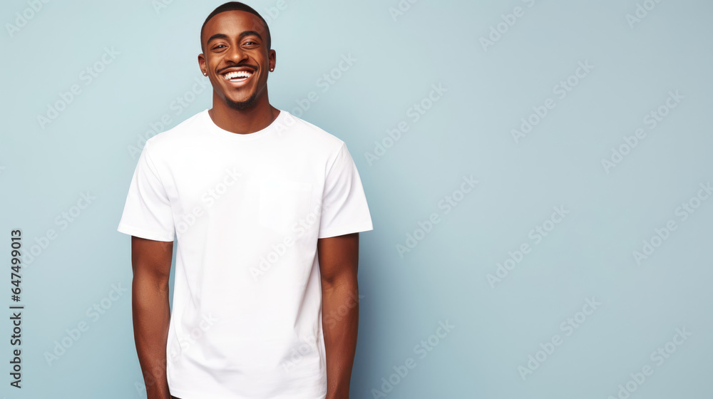 Smile African man fit in Frame wearing bella canvas white shirt mockup,  isolated color background - obrazy, fototapety, plakaty 
