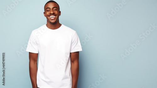 Smile African man fit in Frame wearing bella canvas white shirt mockup,  isolated color background photo