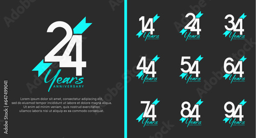 set of anniversary logo white color number and blue ribbon on black background for celebration