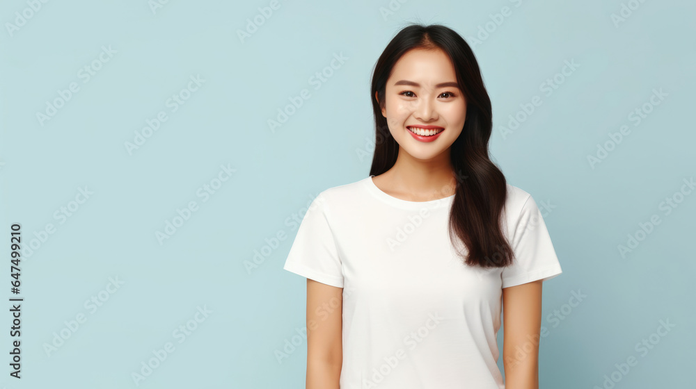 Smile Asian woman fit in Frame wearing bella canvas white shirt mockup, isolated color background Smile Asian woman fit in Frame wearing bella canvas white shirt mockup, isolated color background