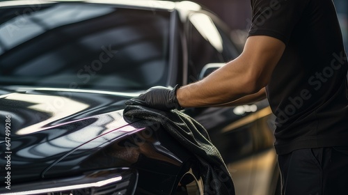 Worker cleaning and detailing a car with micro fiber cloth. generative AI
