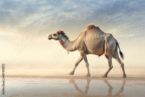 Side view of a camel walking in a desert © Aleksandr Bryliaev