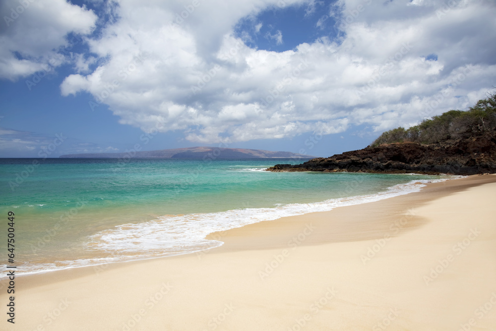 Hawaii, Maui, Makena, Rocky Shore Of Makena Beach, Land In Distance. Hawaii, Maui, Makena, Rocky Shore Of Makena Beach, Land In Distance.