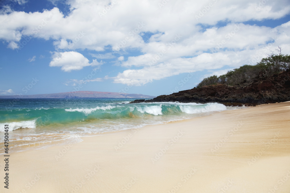 Hawaii, Maui, Makena, Rocky Shore Of Makena Beach, Land In Distance. Hawaii, Maui, Makena, Rocky Shore Of Makena Beach, Land In Distance.