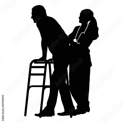 Silhouette of nurse halping patient with walker isolated on white background. Vector illustration