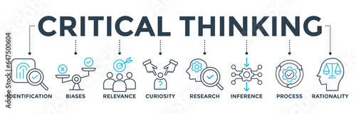Critical thinking banner web icon vector illustration concept with icon of identification, biases, relevance, curiosity, research, inference, process, rationality
