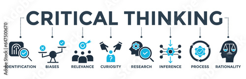 Critical thinking banner web icon vector illustration concept with icon of identification, biases, relevance, curiosity, research, inference, process, rationality