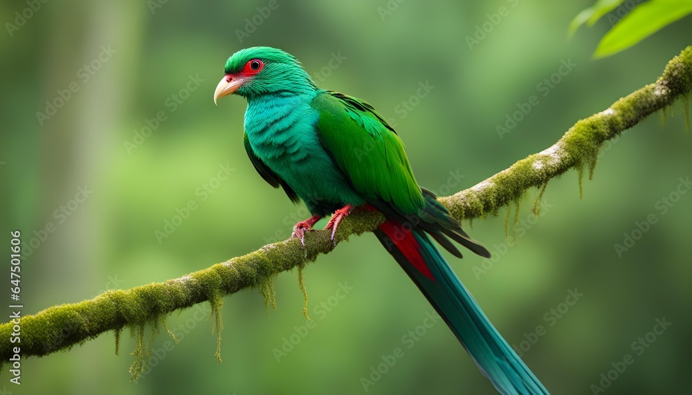 green winged macaw with green forest in background.