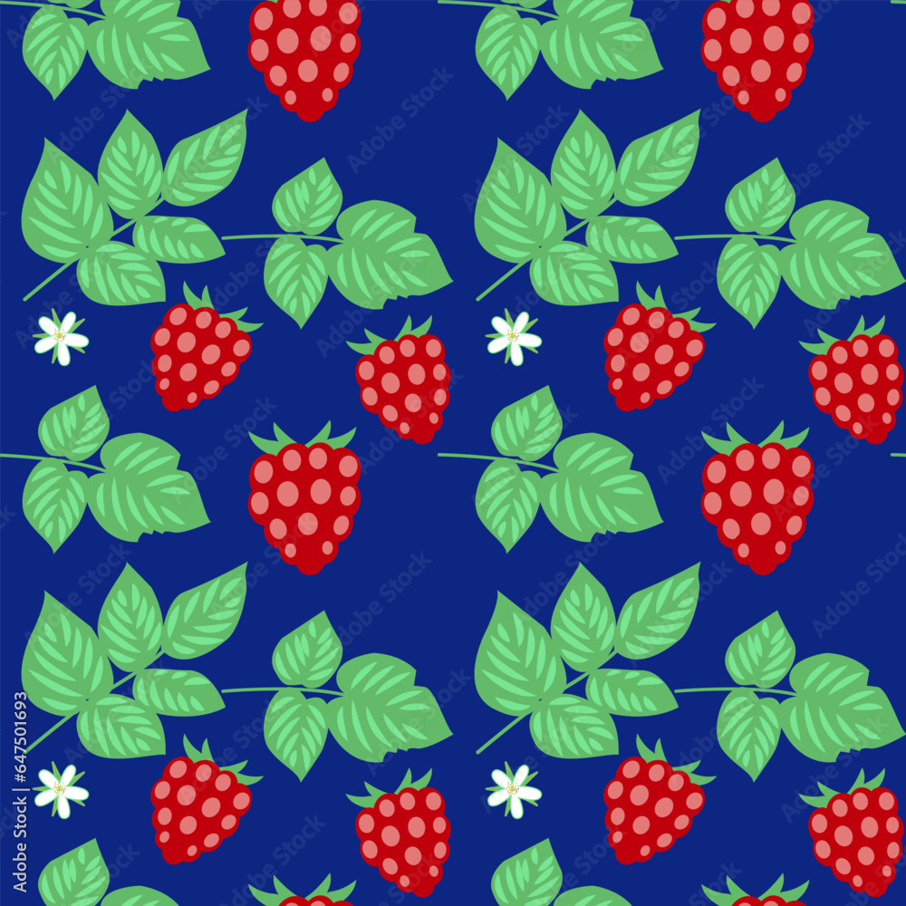Raspberry. Berries, leaves and flowers on a blue background. Seamless pattern. Background for paper, cover, fabric, interior decor. Raspberry. Berries, leaves and flowers on a blue background. Seamless pattern. Background for paper, cover, fabric, interior decor.