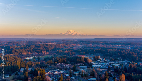 Photography Mount Rainier at sunset from above Lacey, Washington in December