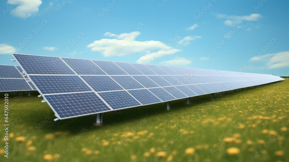 Solar panels on green field at solar farm station. Solar panels on green field at solar farm station.