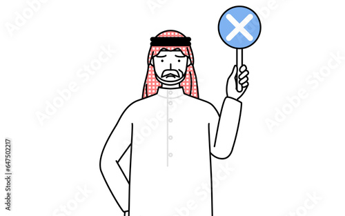 不正解を示す×の棒を持つイスラムのシニア男性