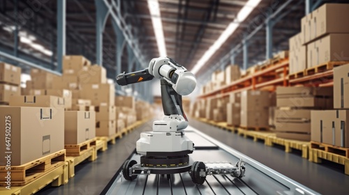 Automated Robot Carriers And Robotic Arm In Smart Distribution Warehouse.