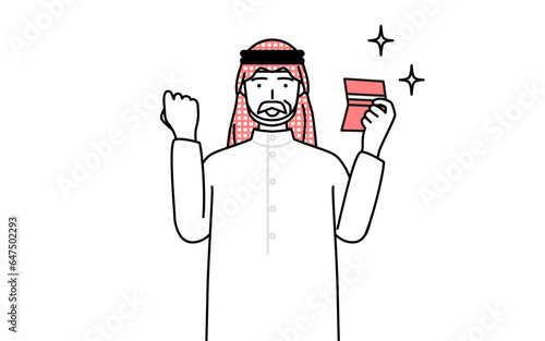 預金通帳を見て喜ぶイスラムのシニア男性 © TKM