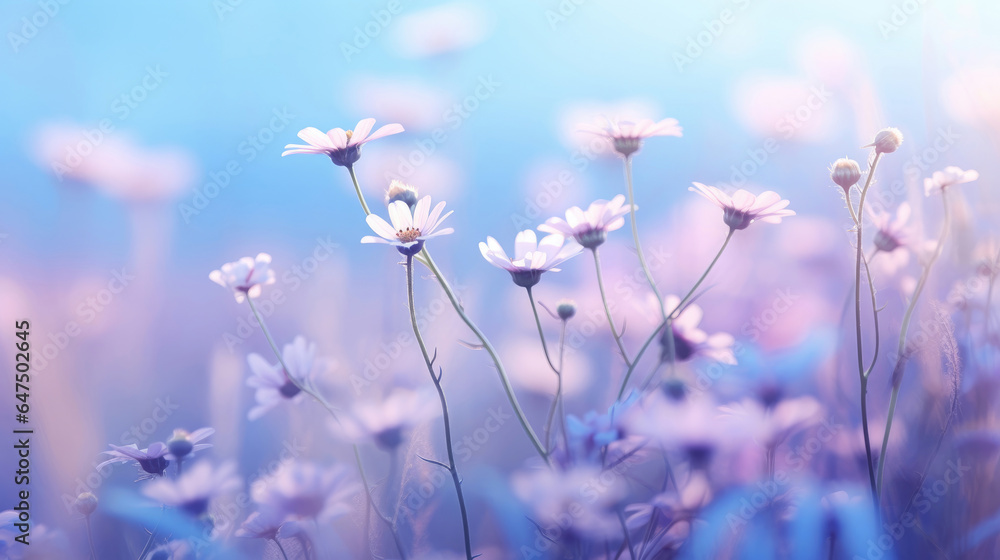 Landscape of beautiful wildflowers in cool blue colors