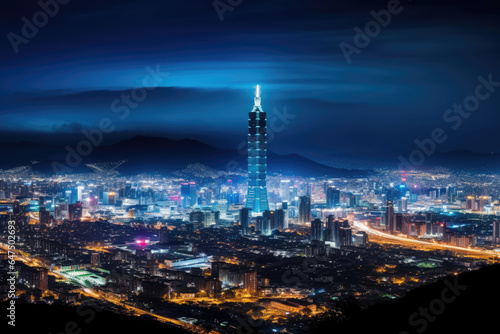 A breathtaking panoramic view of a city skyline illuminated at night from a hilltop