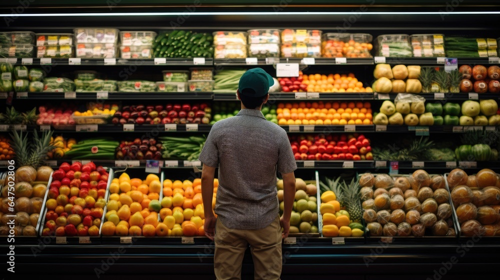 Young man shopping, putting fruit into baskets in a large modern supermarket to buy food.