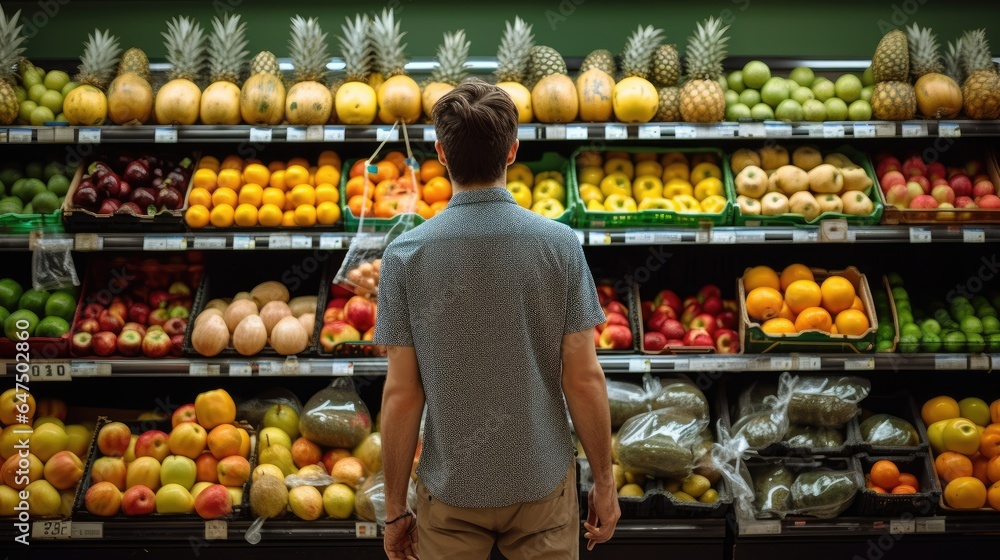 Young man shopping, putting fruit into baskets in a large modern supermarket to buy food.