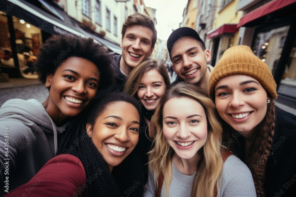Group of Multi-ethnics college students friends at the downtown street. Photography of friendship in urban street in town background. Group of Multi-ethnics college students friends at the downtown street. Photography of friendship in urban street in town background.