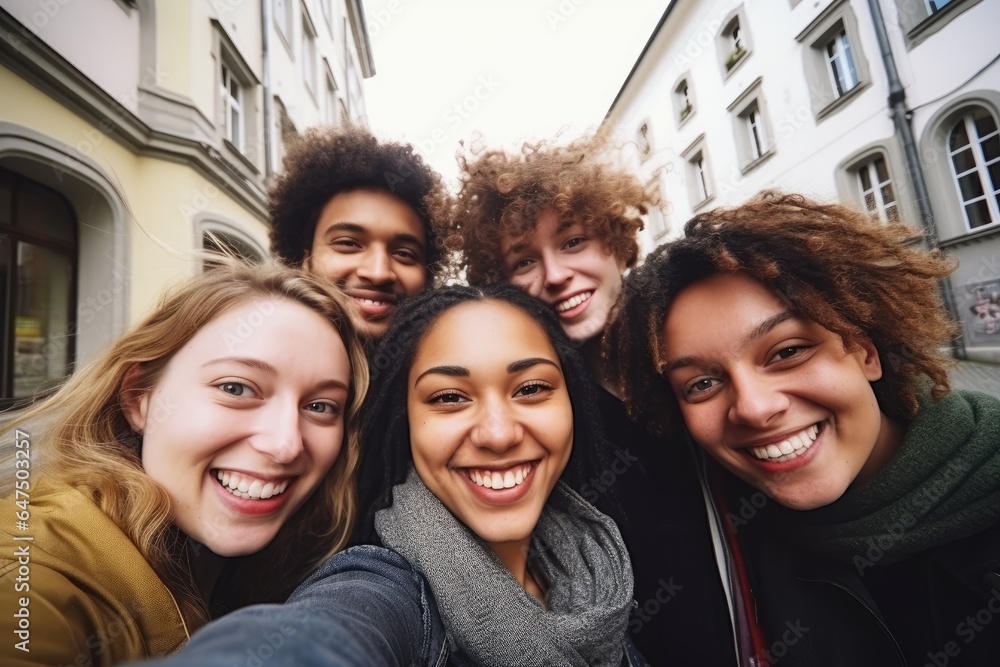 Group of Multi-ethnics college students friends at the downtown street. Photography of friendship in urban street in town background. Group of Multi-ethnics college students friends at the downtown street. Photography of friendship in urban street in town background.