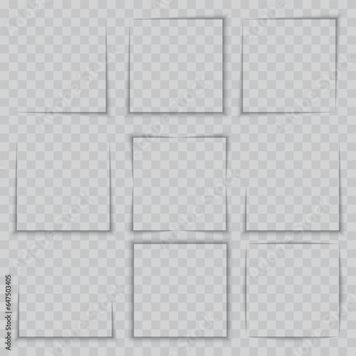 Realistic square shadows. Collection of isolated overlay blackout effects on transparent background. Vector