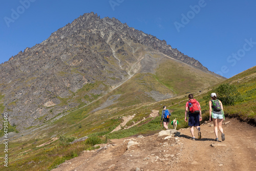 Group hiking in the Talkeetna Mountains on the Eska Falls Trail on a sunny, summer day in Alaska, USA; Alaska, United States of America photo